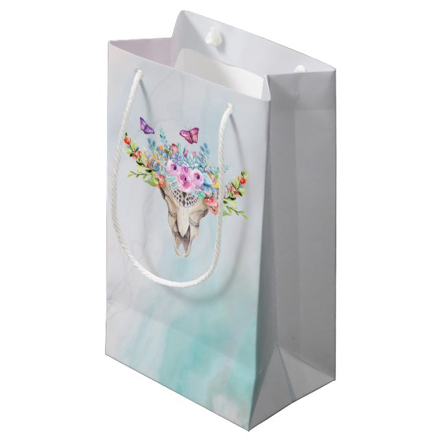 Boho Animal Skull with Butterflies and Flowers Small Gift Bag (Front Angled)