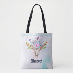 Boho Animal Skull with Butterflies and Flowers Tote Bag