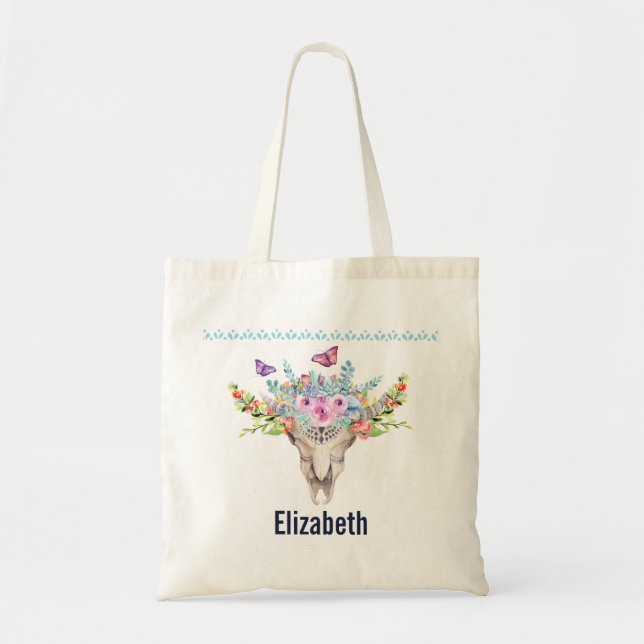 Boho Animal Skull with Butterflies and Flowers Tote Bag (Front)