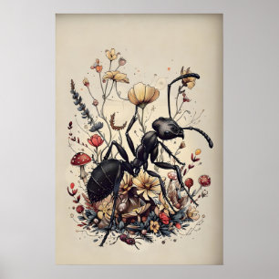 Boho Ant Flower Print, Vintage Cottagecore Wall Poster