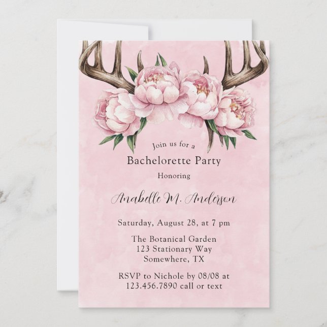 Boho Antler and Pink Peonies Bachelorette Party Invitation (Front)