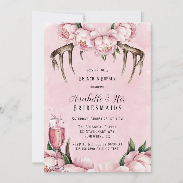 Boho Antler and Pink Peonies Brunch & Bubbly Invitation (Front)