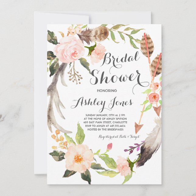Boho antler succulents Bridal Shower Invitation (Devant)