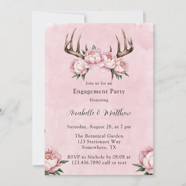 Boho Antler with Pink Peonies Engagement Party Invitation (Front)