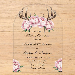 Boho Antler with Pink Peonies Wedding Celebration  Acrylic Invitations
