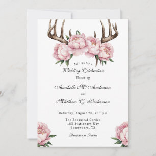 Boho Antler with Pink Peonies Wedding Celebration  Invitation
