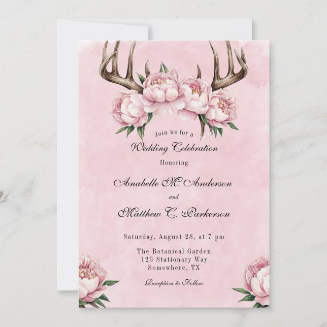 Boho Antler with Pink Peonies Wedding Celebration  Invitation (Front)