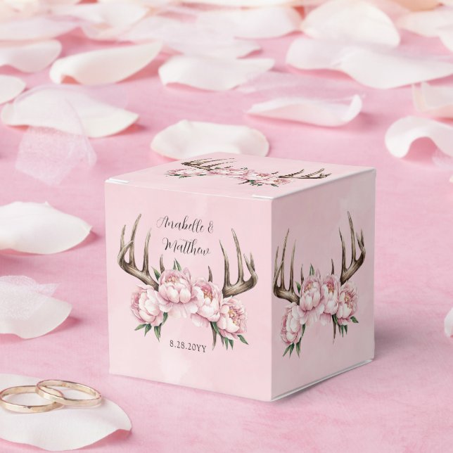 Boho Antler with Pink Peonies Wedding Favor Box (Wedding)