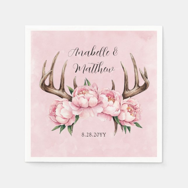 Boho Antler with Pink Peonies Wedding Napkin (Front)
