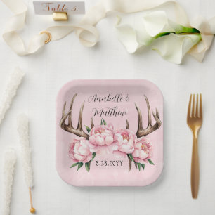 Boho Antler with Pink Peonies Wedding Paper Plate