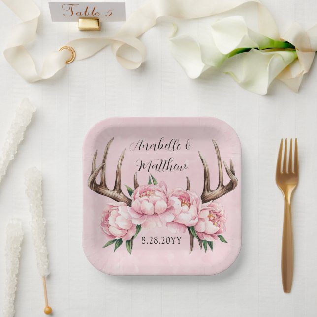 Boho Antler with Pink Peonies Wedding Paper Plate (Wedding)