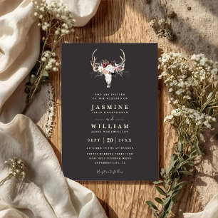 Boho Antlers Floral Rustic Elegant QR Code Wedding Invitation
