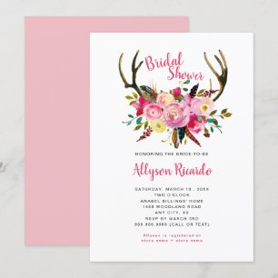 Boho Antlers Pink Mix Floral Bridal Shower Invitation