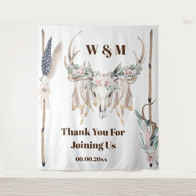 Boho antlers rose feather wood rustic indian tapestry (Front)