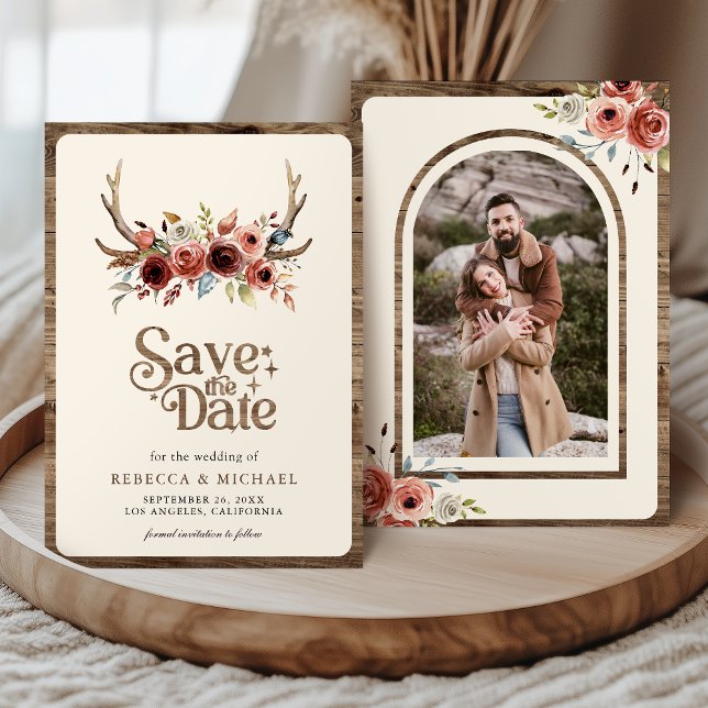Boho Antlers Terracotta Floral Photo Wedding Save The Date (Creator Uploaded)