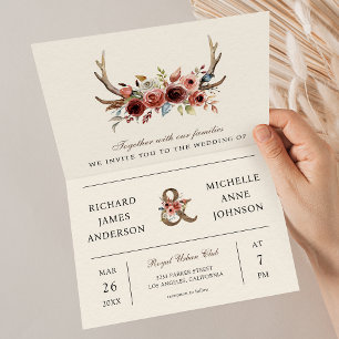 Boho Antlers Terracotta Floral QR Code Wedding Invitation