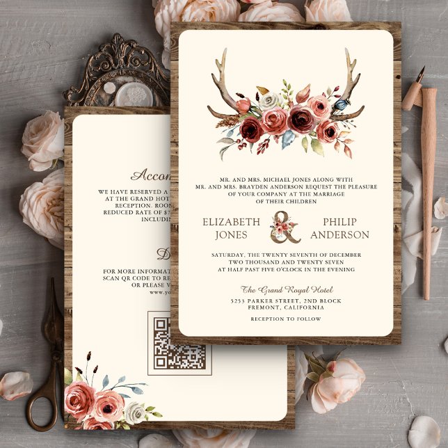 Boho Antlers Terracotta Floral QR Code Wedding Invitation (Creator Uploaded)