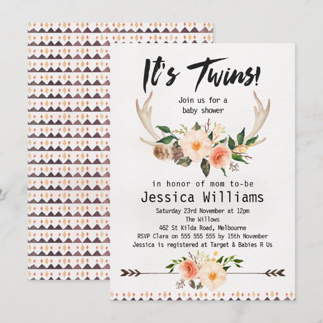 Boho Antlers Twins Baby shower Invitation (Devant / Derrière)