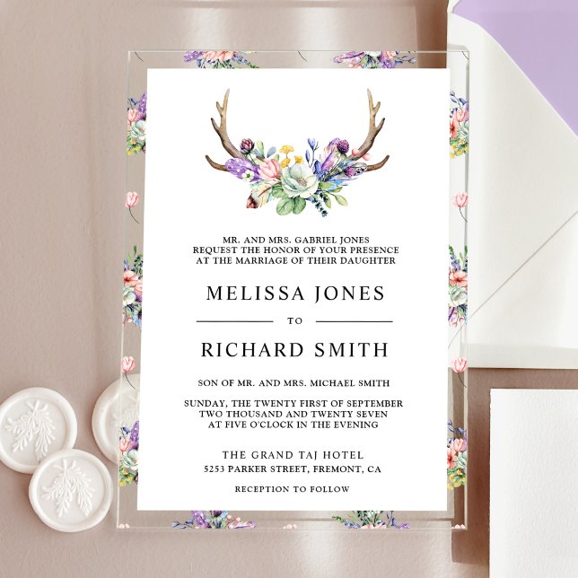 Boho Antlers Wildflower Wedding Acrylic Invitations (Creator Uploaded)