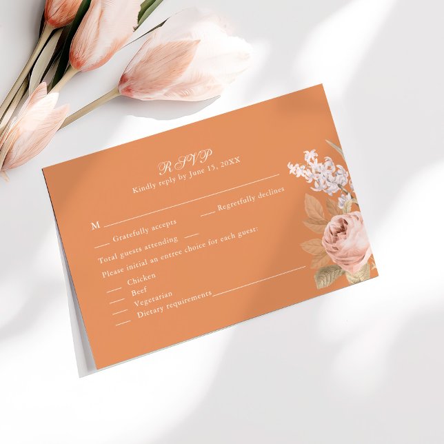 Boho Apricot Peonies Mariage Carte RSVP (Boho Apricot Peonies Wedding RSVP Card on a sunny white table with pale pink flowers.)