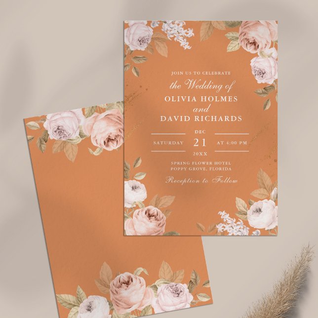 Boho Apricot Peonies Wedding Invitation (Boho Apricot Peonies Wedding Invitation on a neutral table)