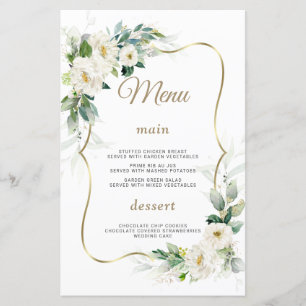 Boho Aquarelle Fleurs blanches Mariage or Menu