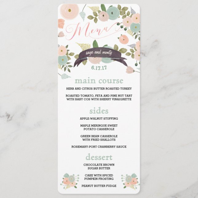 Boho Aquarelle Florale Mariage Menus Dîner (Devant)