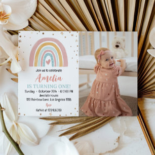 Boho Arc-en-ciel 1er anniversaire Invitation photo