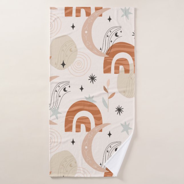 Boho arc-en-ciel abstraite ligne art lune étoiles  (Serviette de bain)