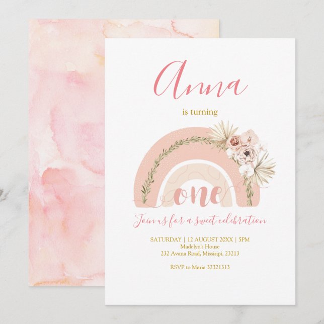 Boho Arc-en-ciel première invitation anniversaire (Devant / Derrière)