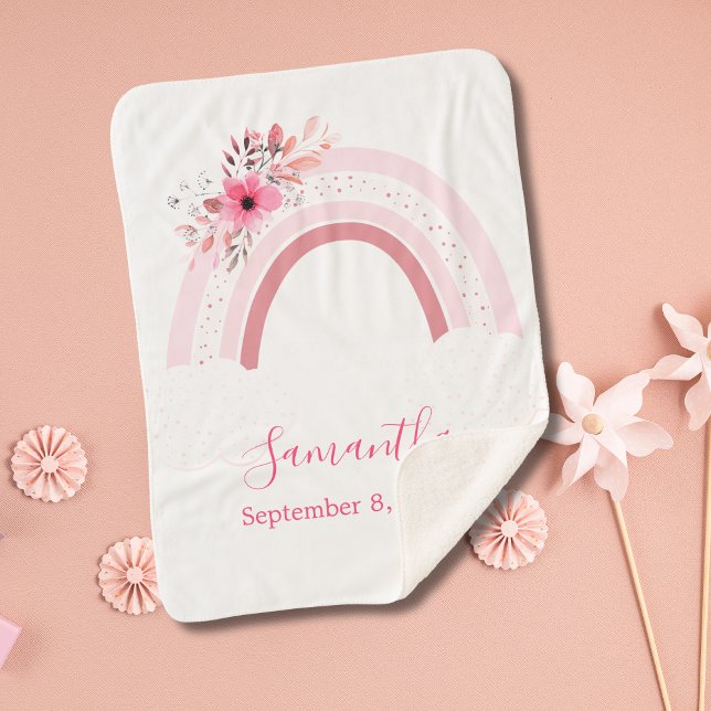 Boho Arc-en-ciel rose Floral Sherpa Couverture béb (Personalized Pink Rainbow Boho Floral Sherpa Baby Blanket. Great gift for the new baby girl.)