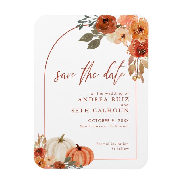 Boho Arch Autumn Pumpkin Terracotta Save The Date Magnet (Vertical)