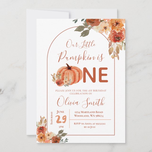 Boho Arch Burnt orange Pumpkin 1st Birthday Invitation (Front)