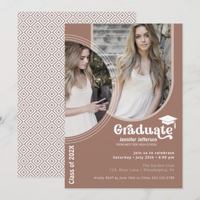 Boho Arch Chic Graduation tons terre invitation (Devant / Derrière)