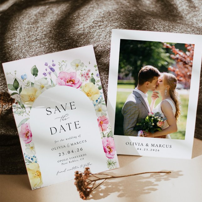 Boho Arch Colourful Floral Spring Elegant Wedding Save The Date (Front/Back)