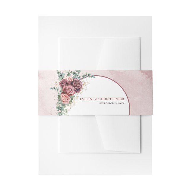 Boho arch dark maroon blush roses eucalyptus gold  invitation belly band (Front Example)