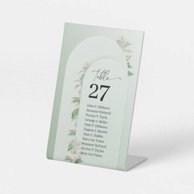 Boho arch dusty green leafy blush spring floral pedestal sign (Front)