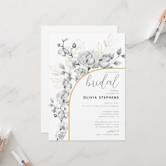 Boho Arch Elegant Floral Gold Modern Bridal Shower Invitation (Front/Back In Situ)