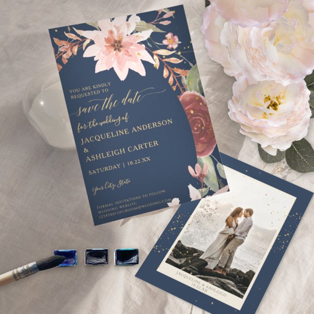 BOHO Arch Elegant Navy Blush n Red Floral w Gold Save The Date (Creator Uploaded)