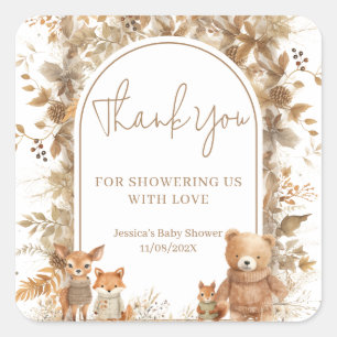 Boho Arch Fall  Woodland Animals Baby Shower Square Sticker