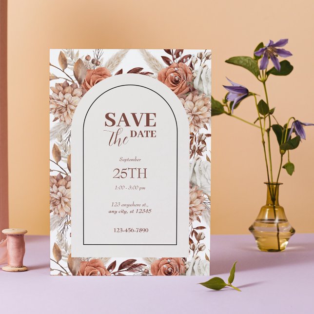Boho Arch Floral Terracotta Fall Save The Date Invitation (Creator Uploaded)