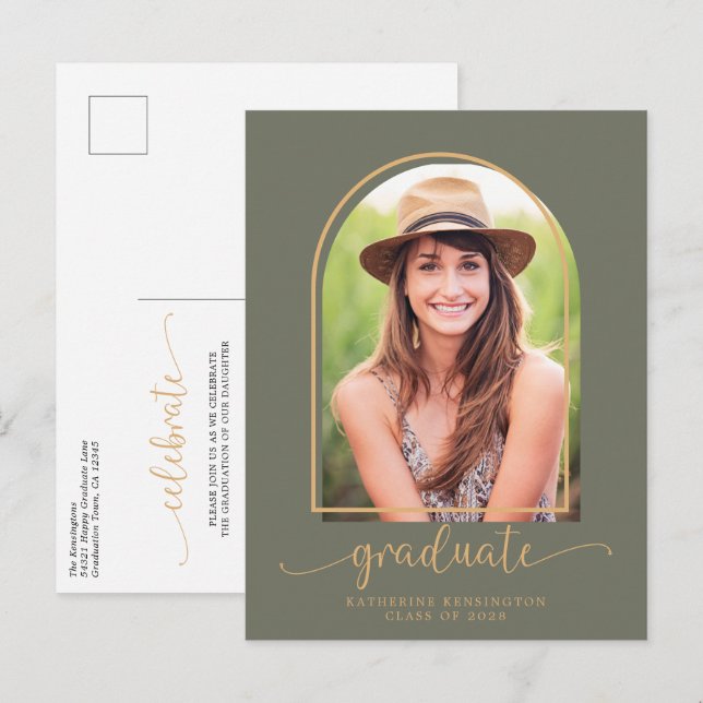 Boho Arch Green Gold Photo Graduation Party Announcement Postcard (Front/Back)