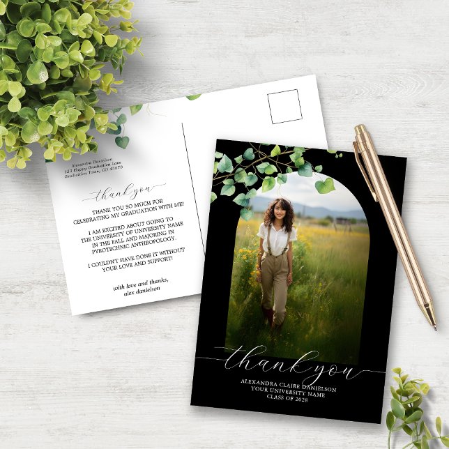 Boho Arch Ivy Black Graduation Thank You  Postcard (Creator Uploaded)