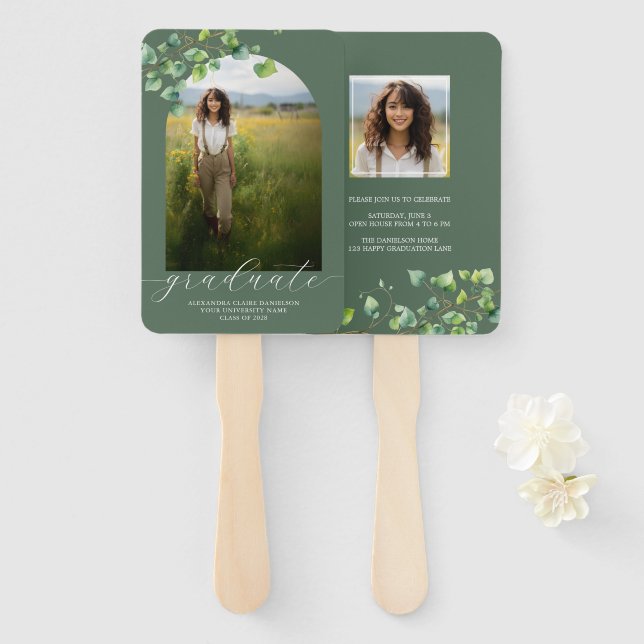 Boho Arch Ivy, Sage Green Graduation  Hand Fan (Front and Back)