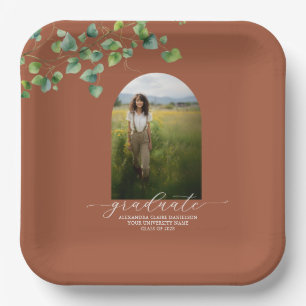 Boho Arch Ivy, Terracotta Brown Graduation Paper Plate