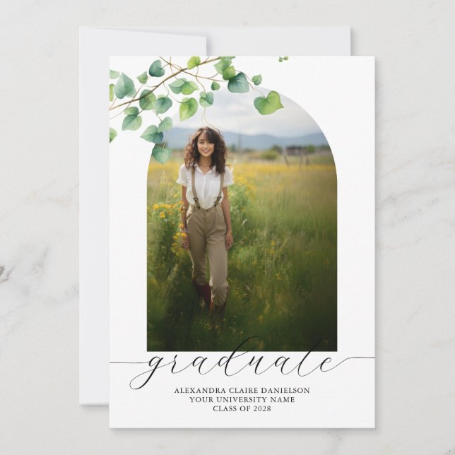 Boho Arch Ivy, White Graduation  Invitation (Front)