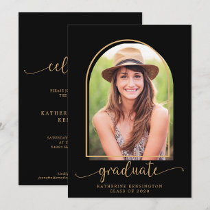 Boho Arch Minimalist Black Gold Photo Graduation Invitation