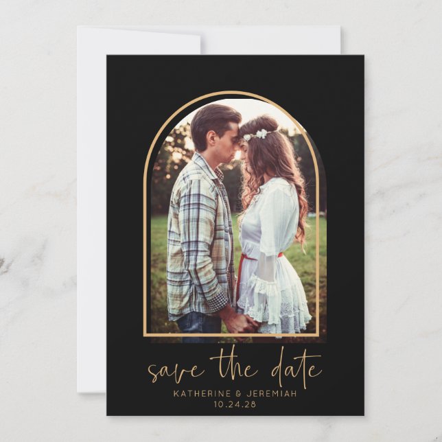 Boho Arch Minimalist Black Gold Save the Date (Front)