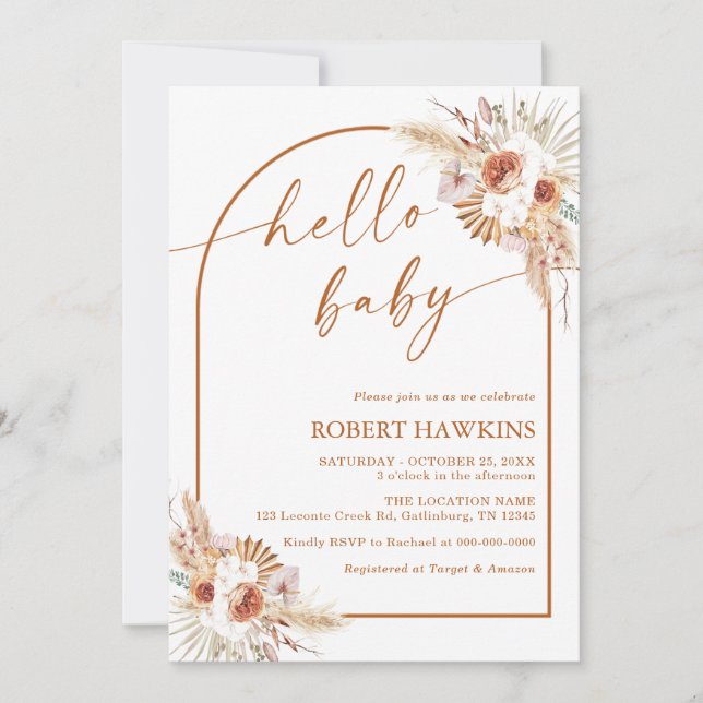 Boho Arch Pampas Baby shower en herbe Invitation (Devant)