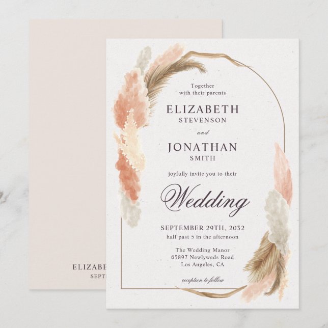 Boho arch pampas grass modern wedding invitation (Front/Back)